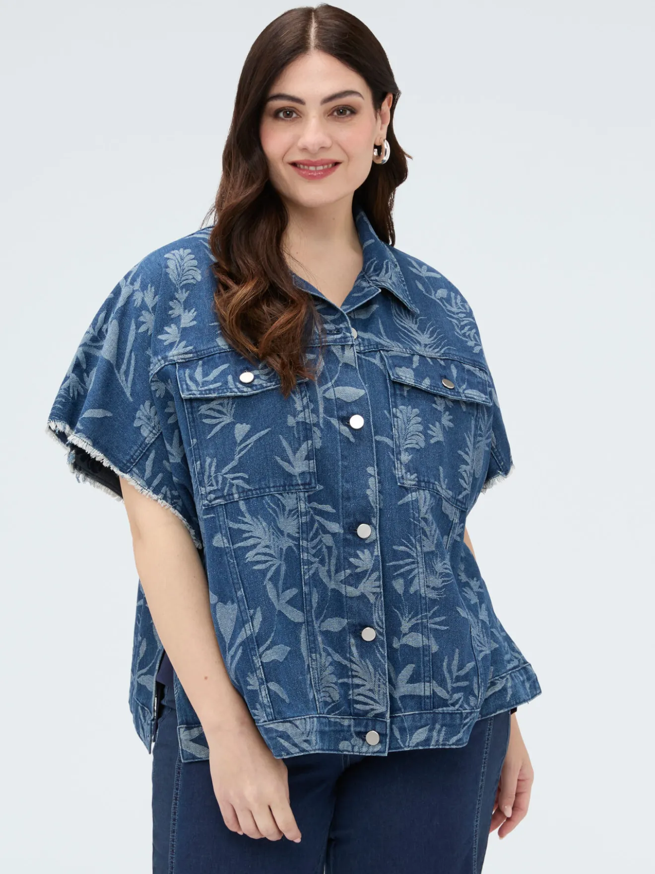 Camicia in denim con motivo jacquard foliage