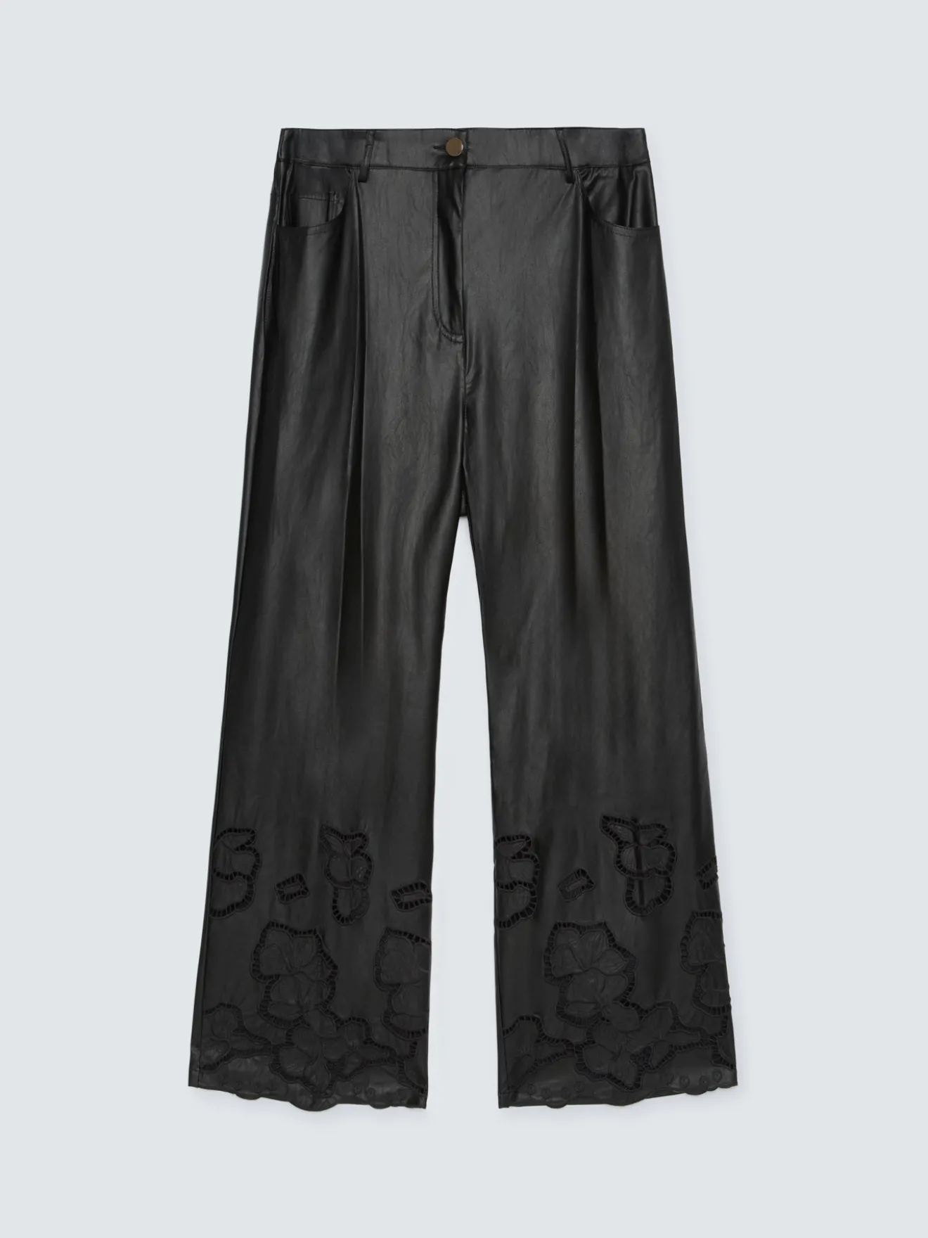 Pantaloni cropped in tessuto spalmato con motivi floreali