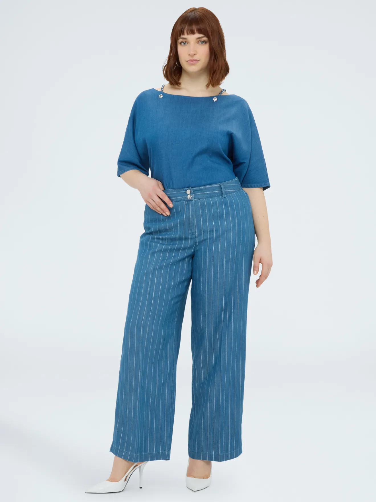 Pantaloni Wide Leg in tencel con gessatura in lurex