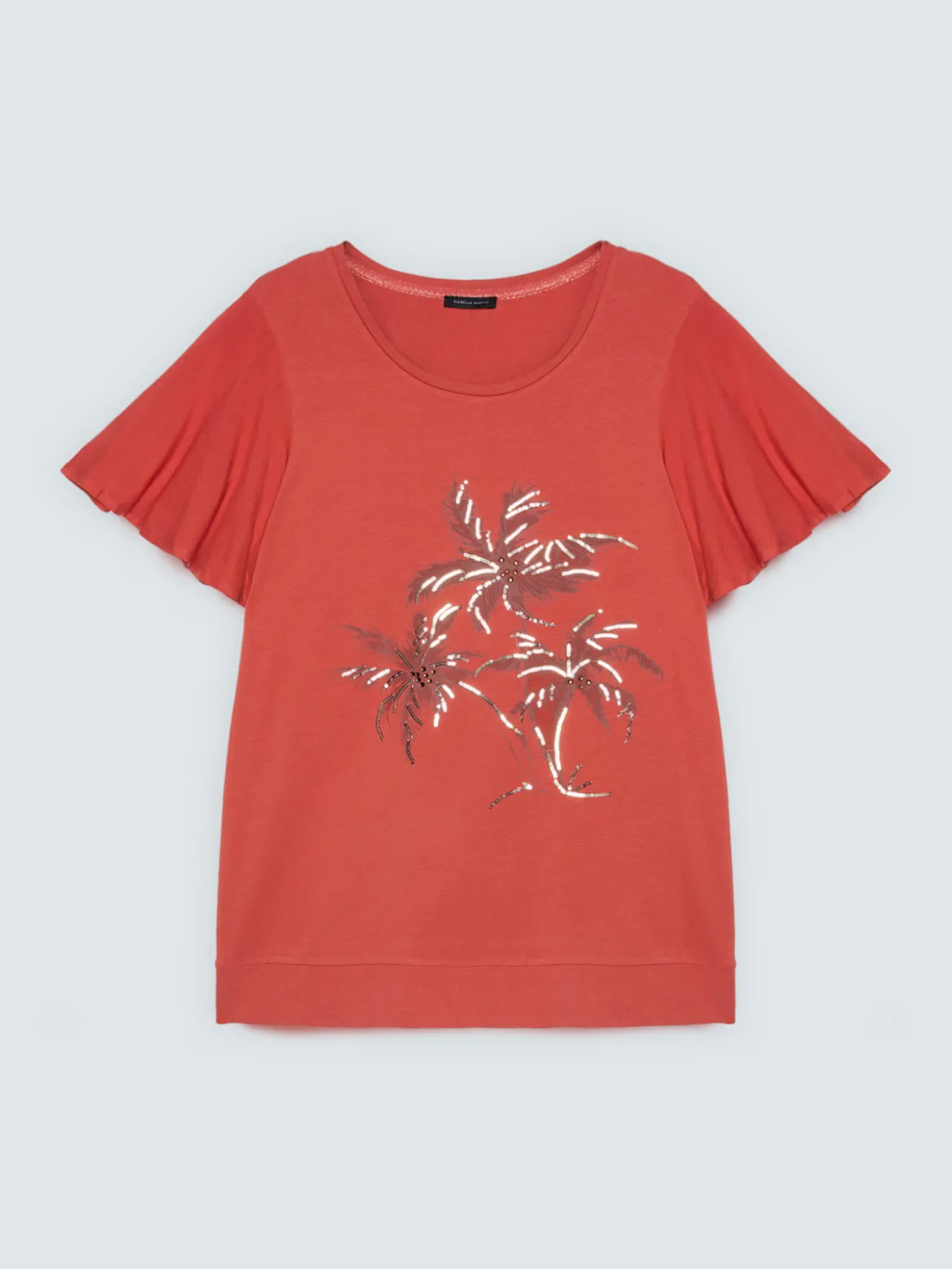 T-shirt in cotone con stampa e paillettes