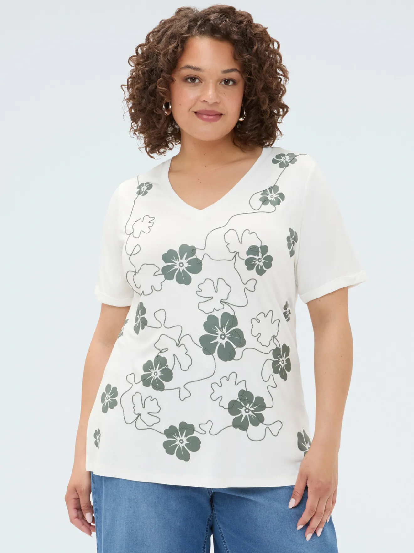 T-shirt in viscosa con stampa floreale e ricamo